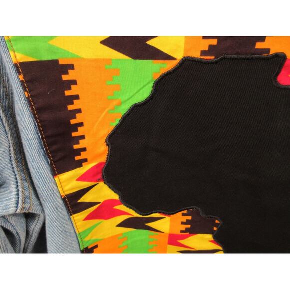 D'Iyanu Women's Small African Traditional Print Distressed Denim Jacket - Picture 12 of 15